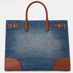 NWT Ralph Lauren Large Devyn Denim with Leather Trim Tote Bag with dustbag